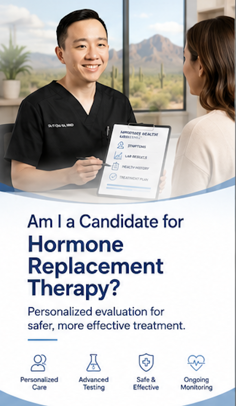 Physician evaluating a patient for hormone replacement therapy using symptoms medical history and laboratory testing
