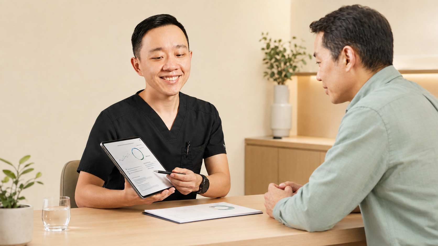 Concierge physician reviewing laboratory results and a personalized care plan with a patient