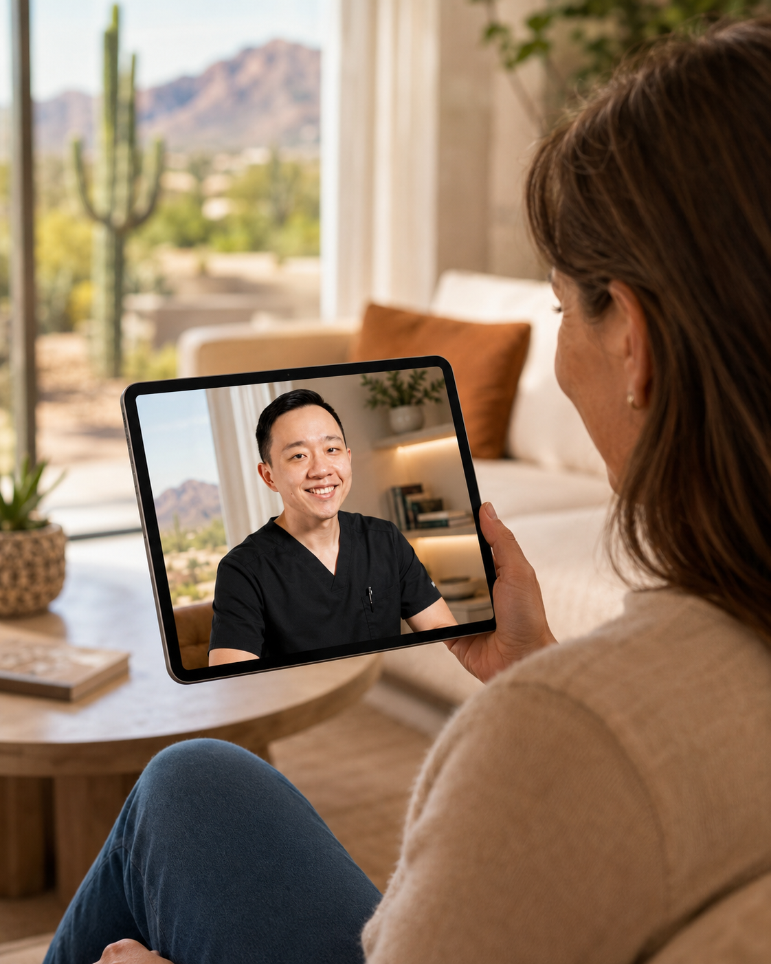 Patient attending a virtual concierge medicine appointment from home in Goodyear, Arizona.
