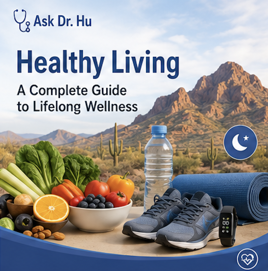 Book cover titled "Healthy Living: A Complete Guide to Lifelong Wellness" with a desert mountain landscape, fresh vegetables, a water bottle, workout shoes, a fitness tracker, and a yoga mat.