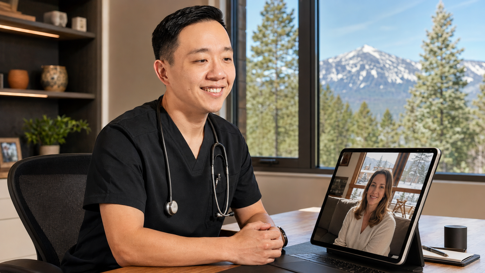 Dr. YiQiu Hu providing a telemedicine appointment for a patient in Flagstaff, Arizona