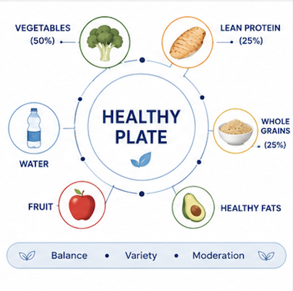 Diagram of a healthy plate divided into sections for vegetables, lean protein, whole grains, healthy fats, and fruit, with water depicted as a beverage.
