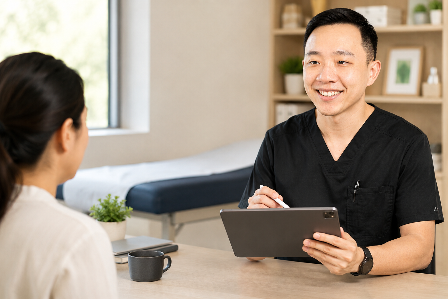 Dr. YiQiu Hu discussing preventive healthcare and long-term health planning with a patient.