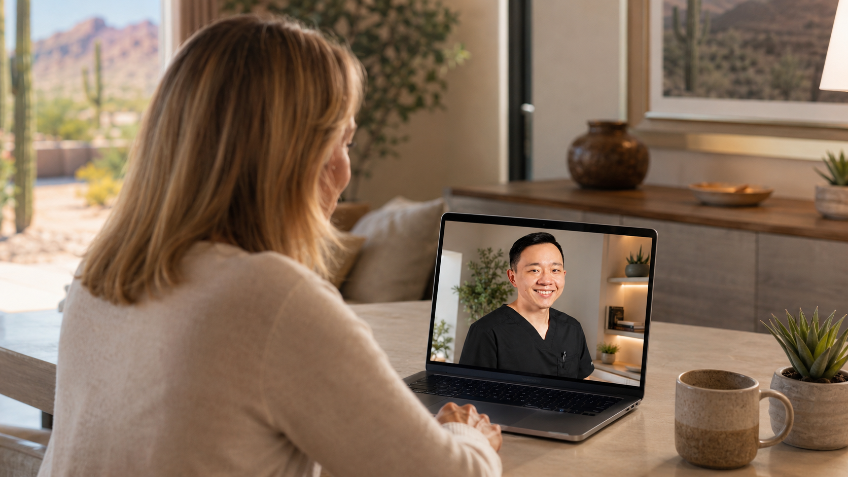 Patient attending a virtual concierge medicine appointment from home in Goodyear, Arizona.
