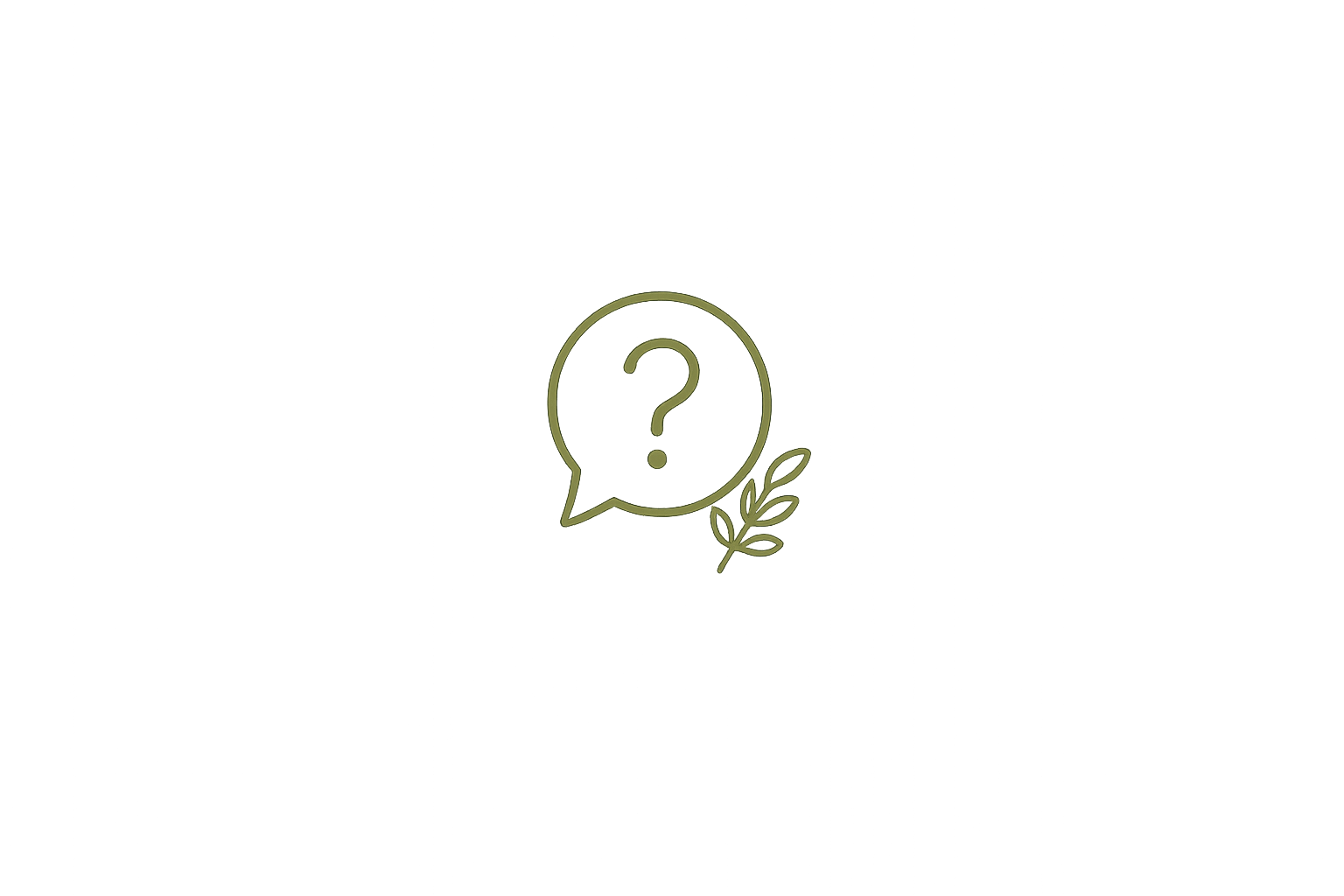 A black background with a green sketch of a speech bubble containing a question mark and a small leaf beside it.