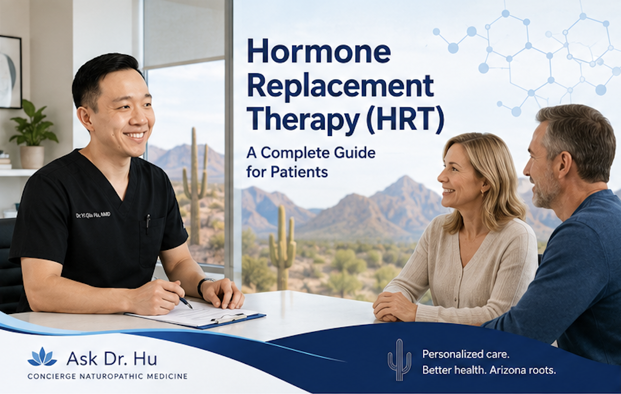 Hormone replacement therapy guide featuring physician discussing personalized HRT with adult patients in Arizona