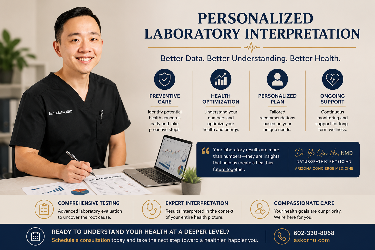 Dr. Hu reviewing laboratory testing results with a patient to create a personalized preventive healthcare plan.