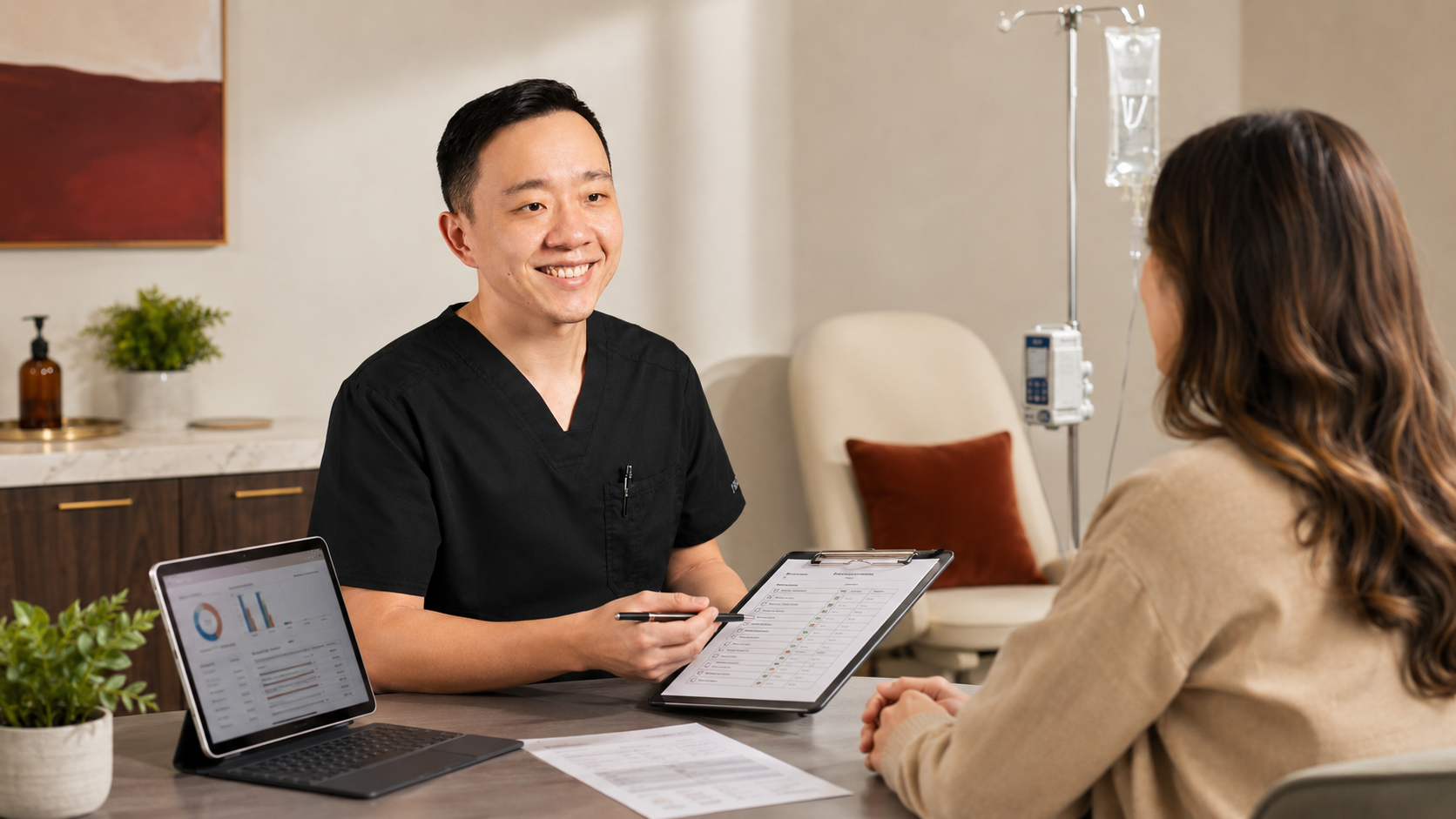 Physician reviewing medical history and laboratory results before IV therapy
