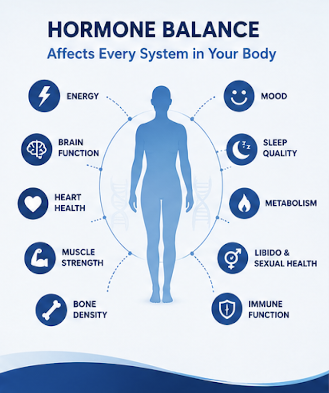 Medical infographic showing body systems commonly affected by hormone imbalance