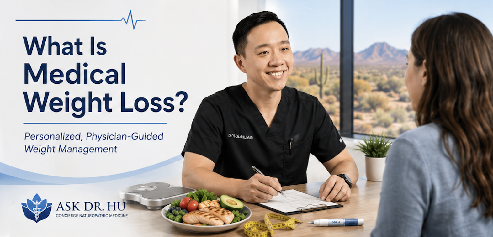 Physician discussing medical weight loss with patient using nutrition lifestyle counseling and personalized treatment