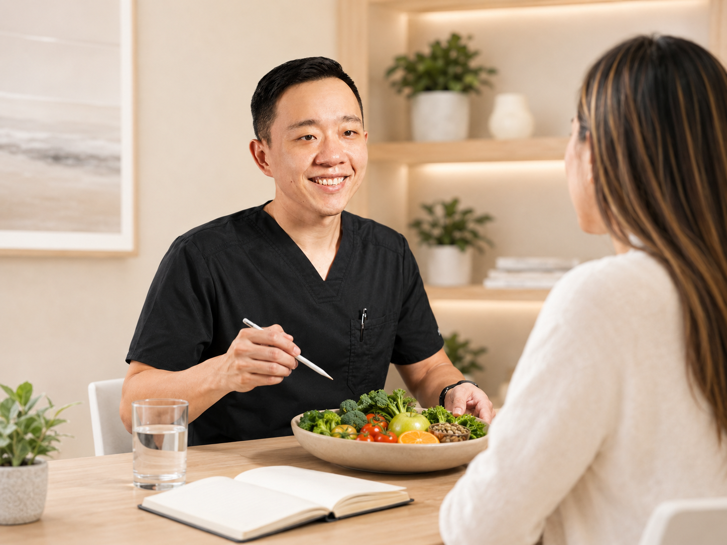 Dr. YiQiu Hu discussing nutrition, lifestyle medicine, and individualized naturopathic care with a patient