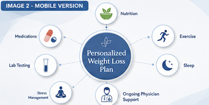 Diagram of a personalized weight loss plan with components including nutrition, exercise, sleep, medications, lab testing, stress management, ongoing physician support, all connected to a central circle labeled "Personalized Weight Loss Plan."