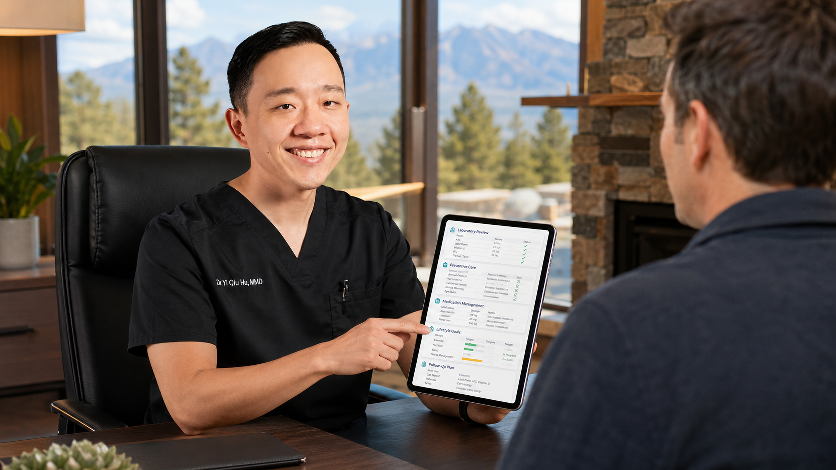 Dr. YiQiu Hu reviewing a personalized healthcare plan for a patient in Flagstaff, Arizona