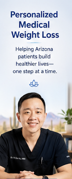 Banner with blue text promoting personalized medical weight loss to help Arizona patients build healthier lives, with a smiling healthcare professional and a desert landscape in the background.