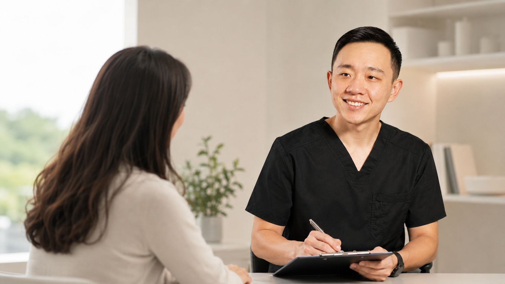Dr. YiQiu Hu reviewing medical forms and patient records during a medical documentation consultation in Arizona