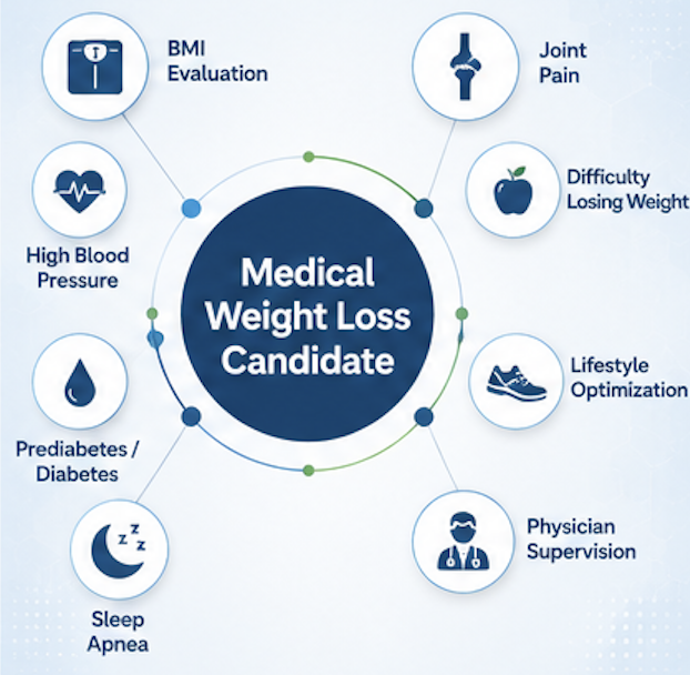 Infographic showing common factors that may make someone a candidate for physician supervised medical weight loss