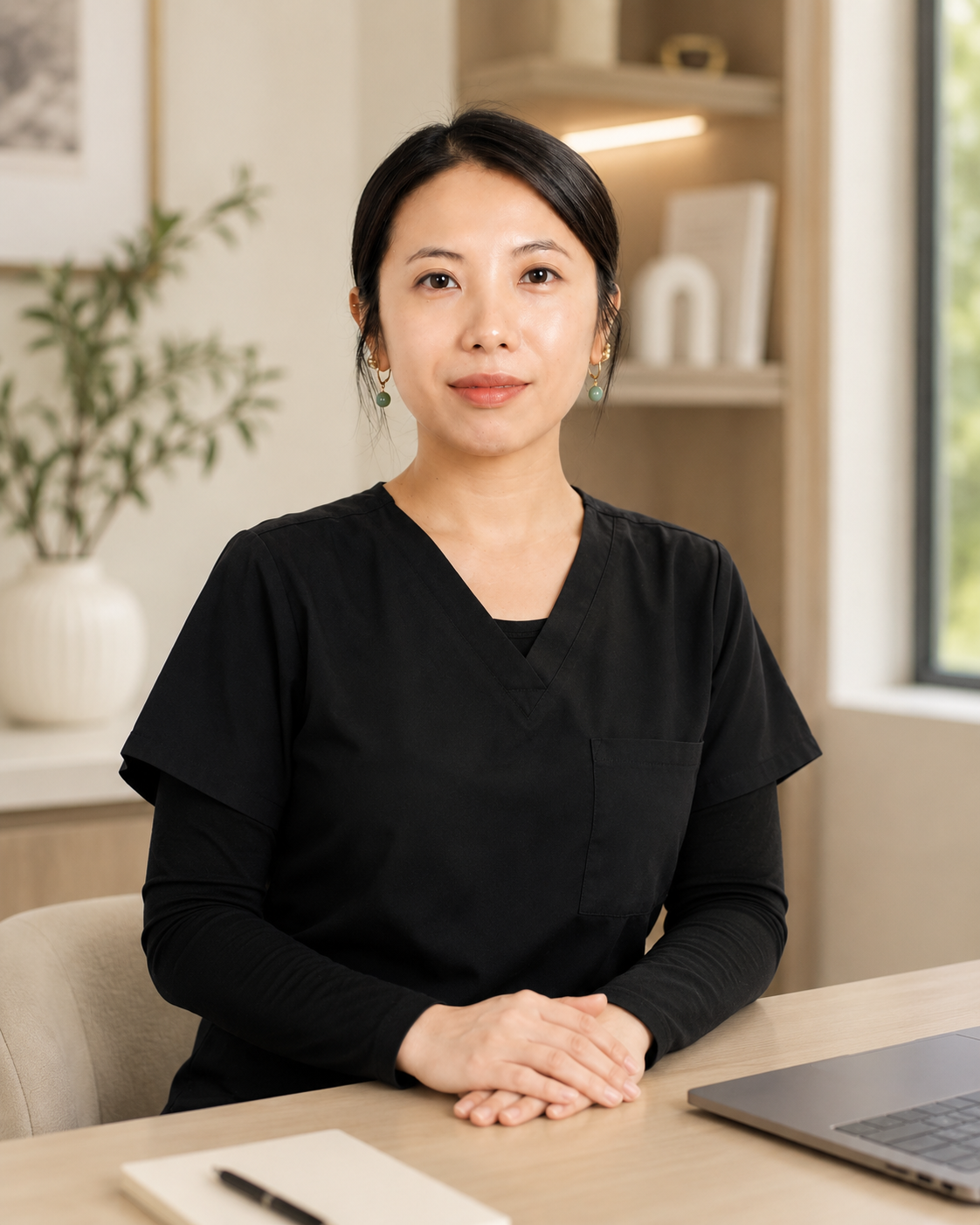 Dr. Linh Ngo seated in a welcoming medical office at Ask Dr. Hu