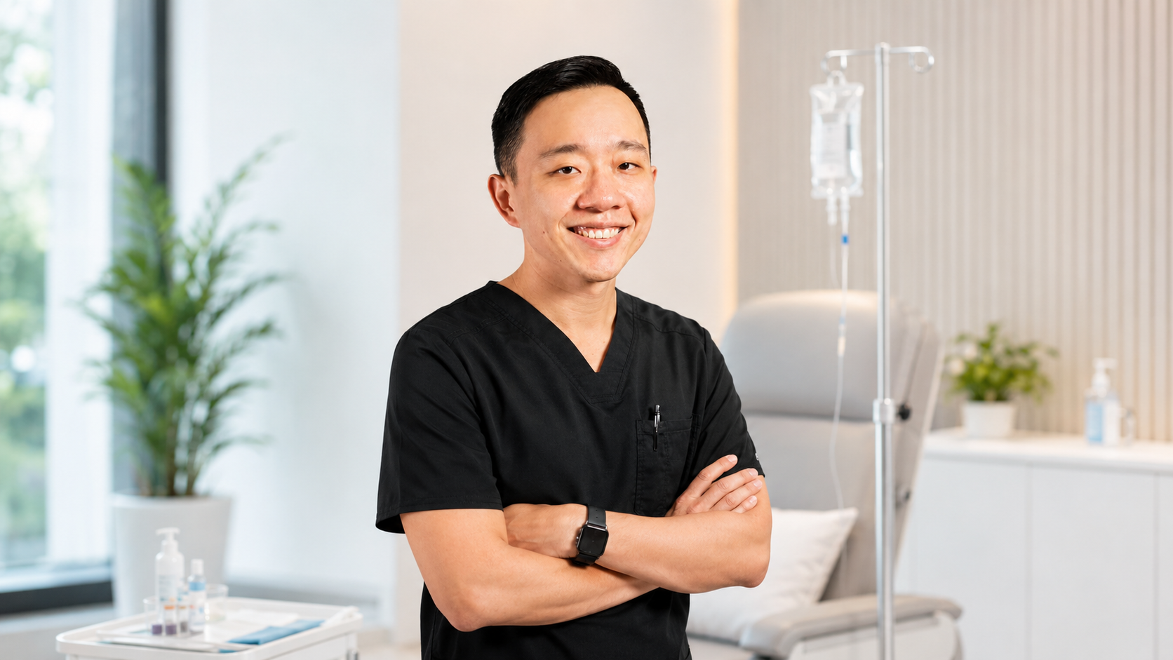 Dr. YiQiu Hu monitoring a patient during physician-guided IV therapy