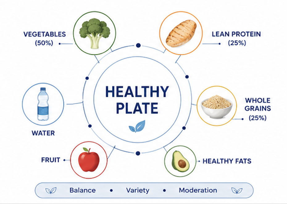 Diagram of a healthy plate divided into sections for vegetables, lean protein, whole grains, healthy fats, and fruit with labels for each. Water is depicted separately.