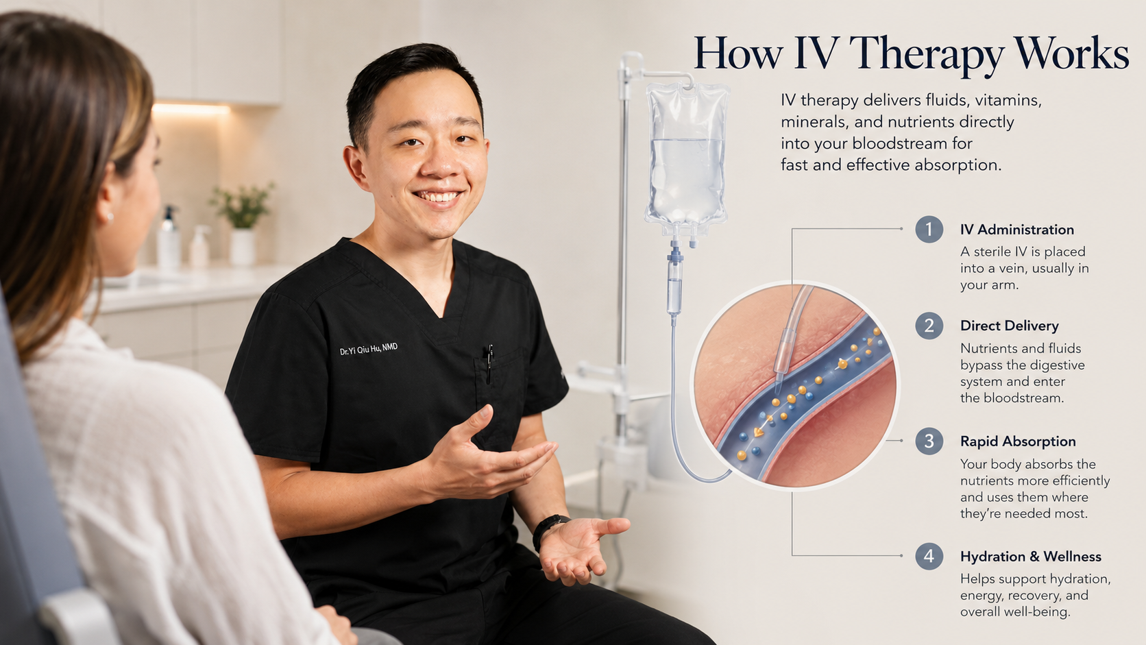 Illustration explaining how IV therapy delivers fluids and selected nutrients directly into the bloodstream