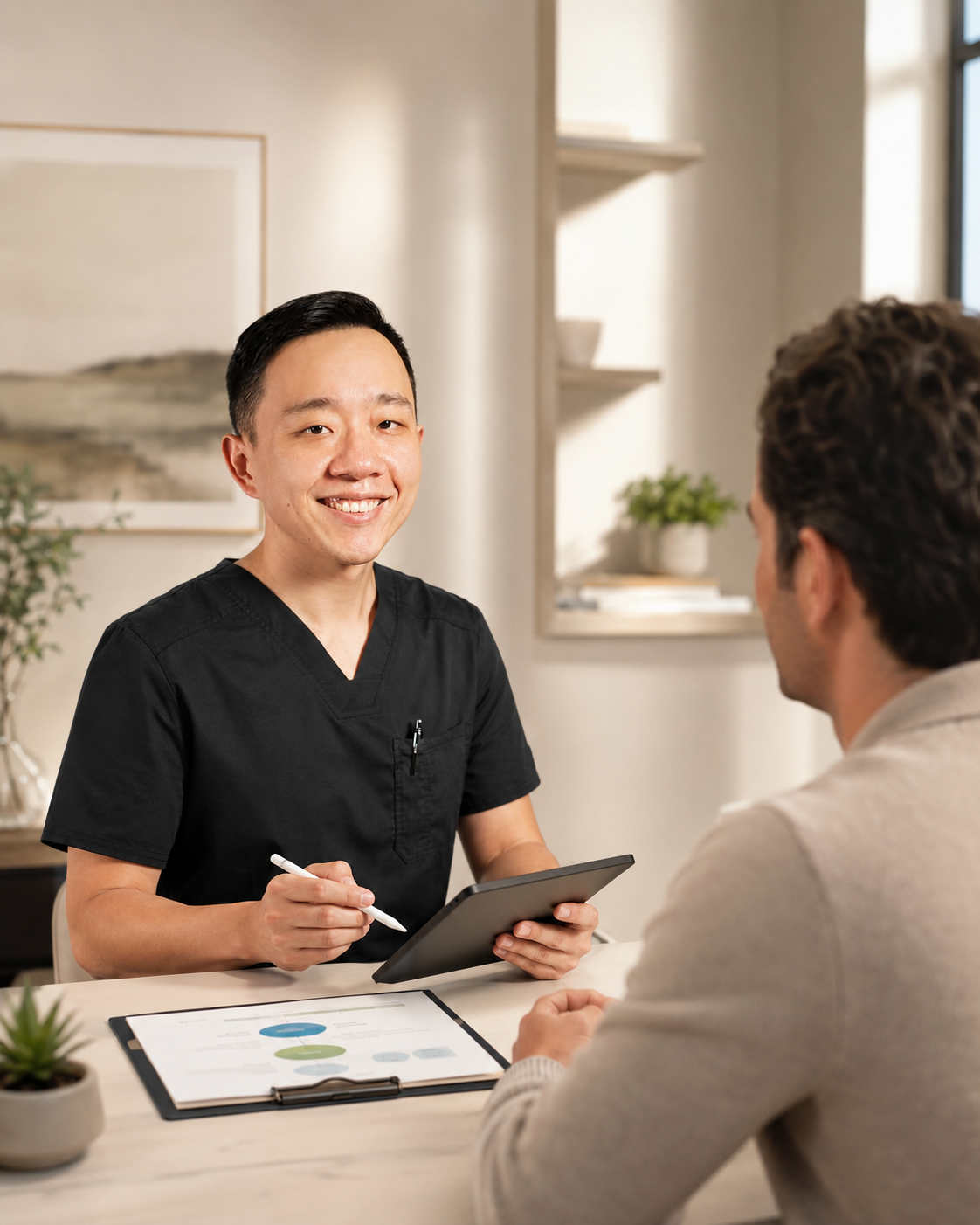 A healthcare professional in black scrubs sits at a desk with a patient, holding a tablet and smiling while discussing medical information in a well-lit office.
