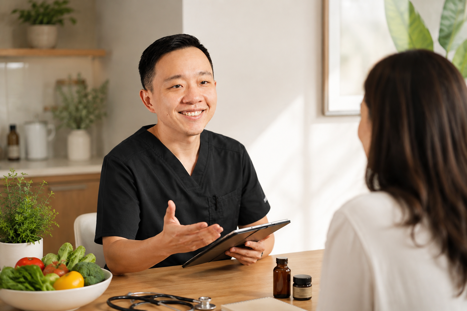 Dr. YiQiu Hu discussing naturopathic medicine, nutrition, and personalized care with a patient.