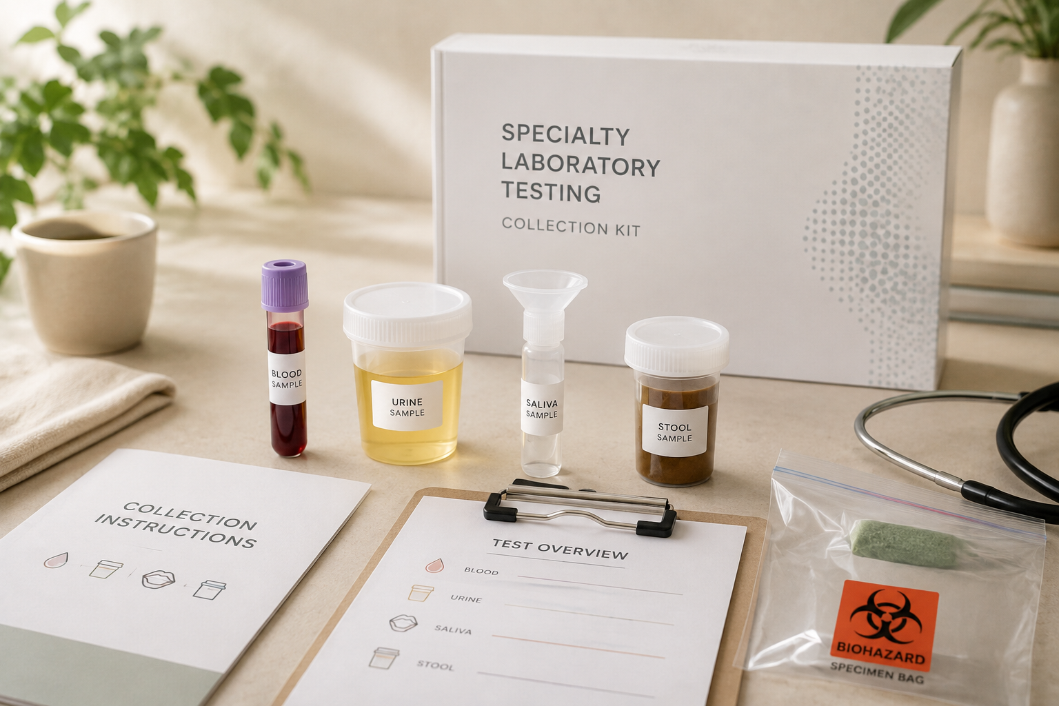 Specialty laboratory testing kit with blood, urine, saliva, and stool sample options