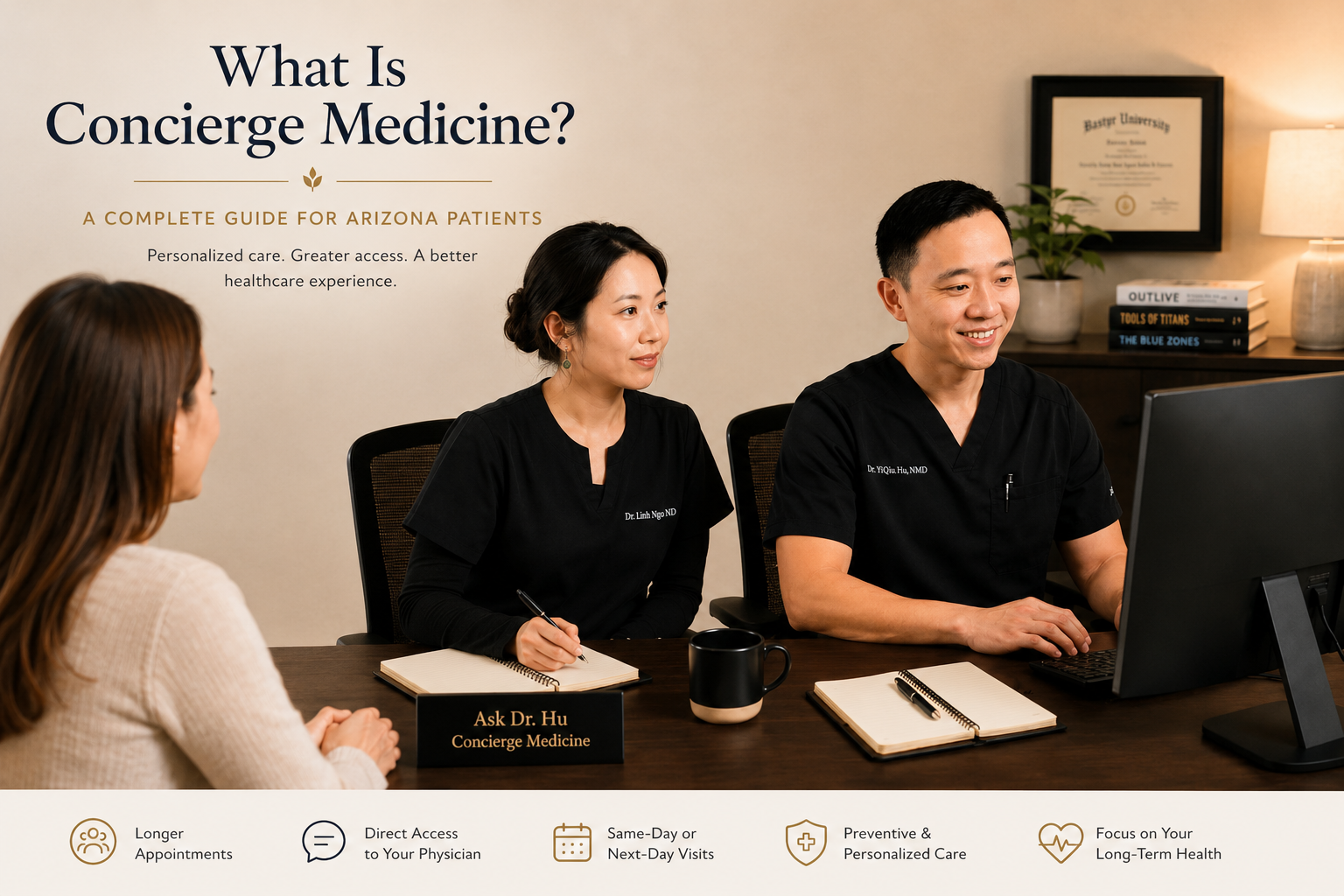 Dr. YiQiu Hu and Dr. Linh Ngo providing personalized concierge medicine consultation for a patient in Arizona.