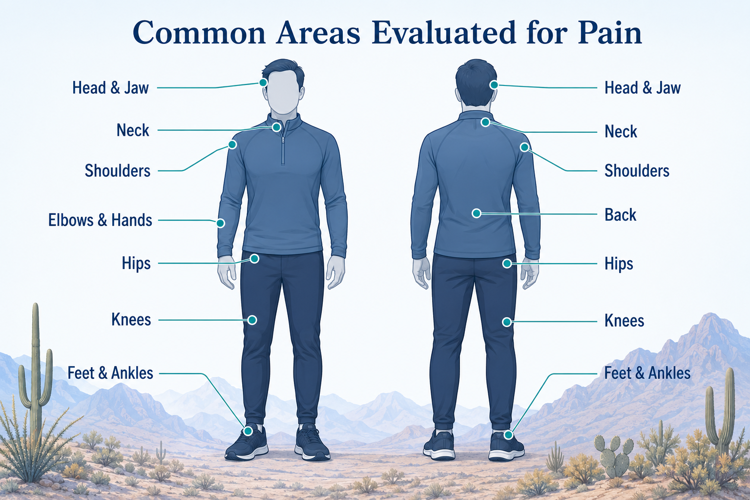 Body diagram showing common areas evaluated for integrative pain management including the neck back shoulders hips knees and feet