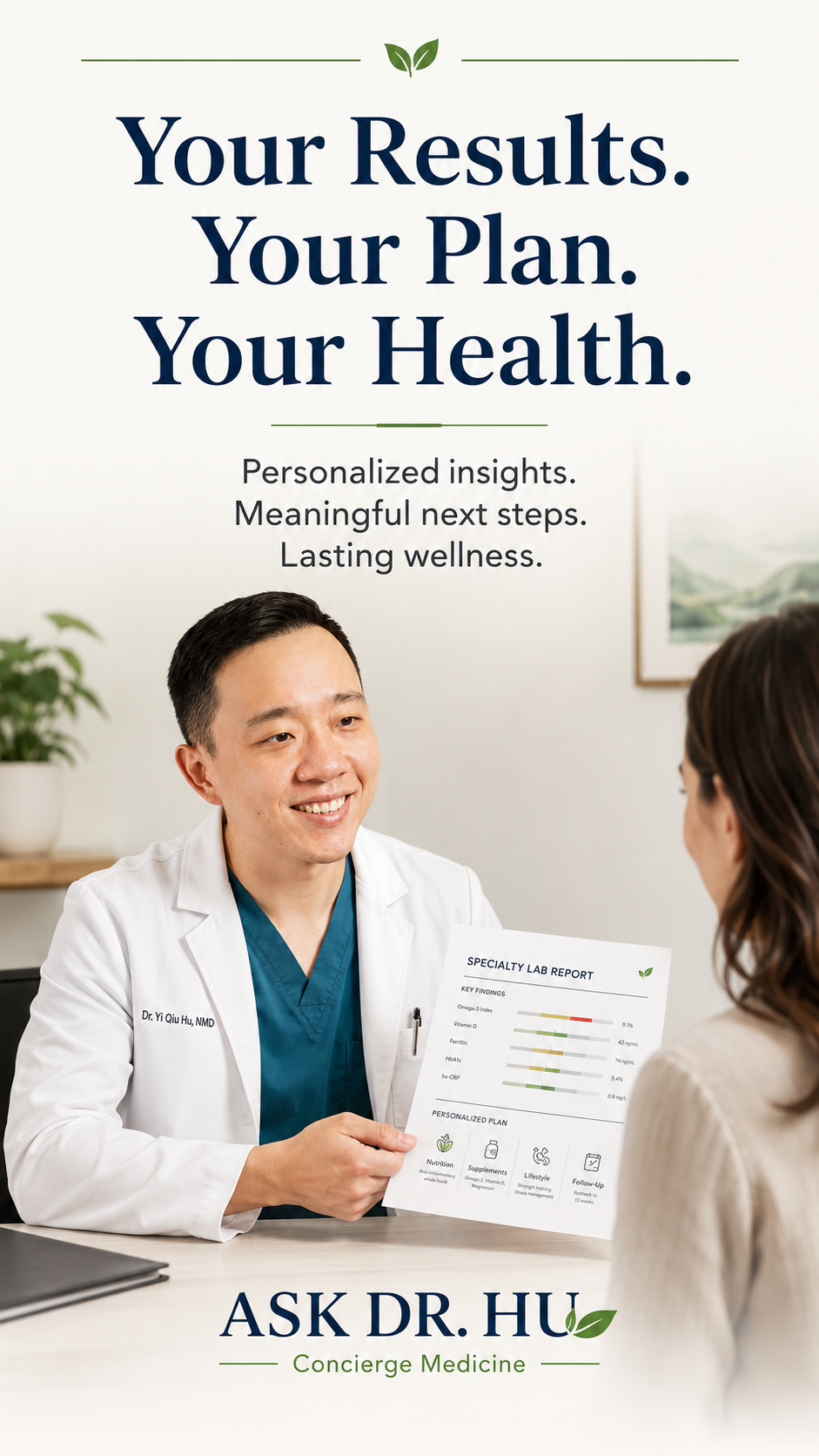 A doctor in a white coat engaging with a patient, sitting across a desk with a personalized lab report. The background has a poster with text about health results and a small plant.