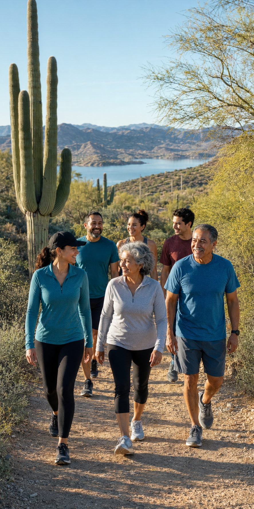 Adults enjoying an active healthy lifestyle on a desert trail in Peoria Arizona