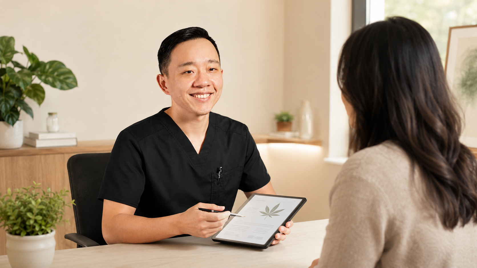 Dr. YiQiu Hu discussing Arizona medical marijuana certification with an adult patient