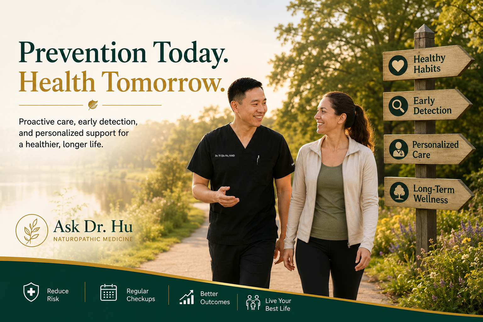 A healthcare professional and a woman walking outdoors near a lake and trees, with a signpost pointing to healthy habits, early detection, personalized care, and long-term wellness.