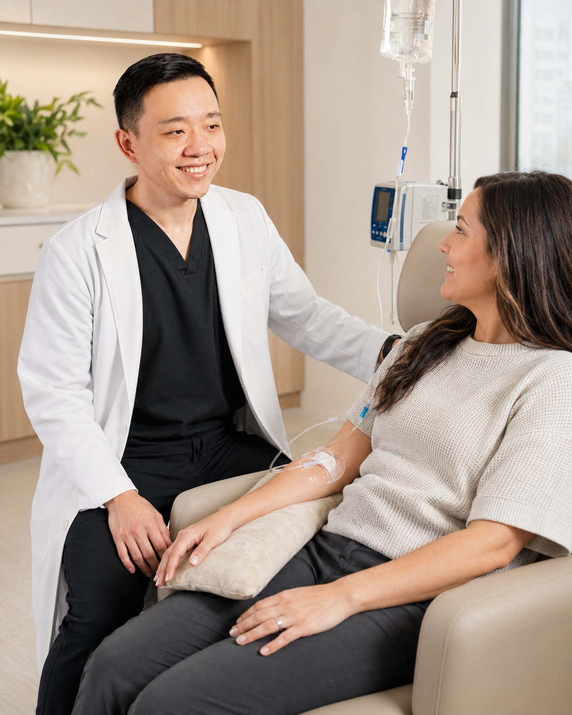 A healthcare professional, doctor, smiling and talking to a female patient in a hospital room. The patient is sitting in a chair with an IV in her arm.