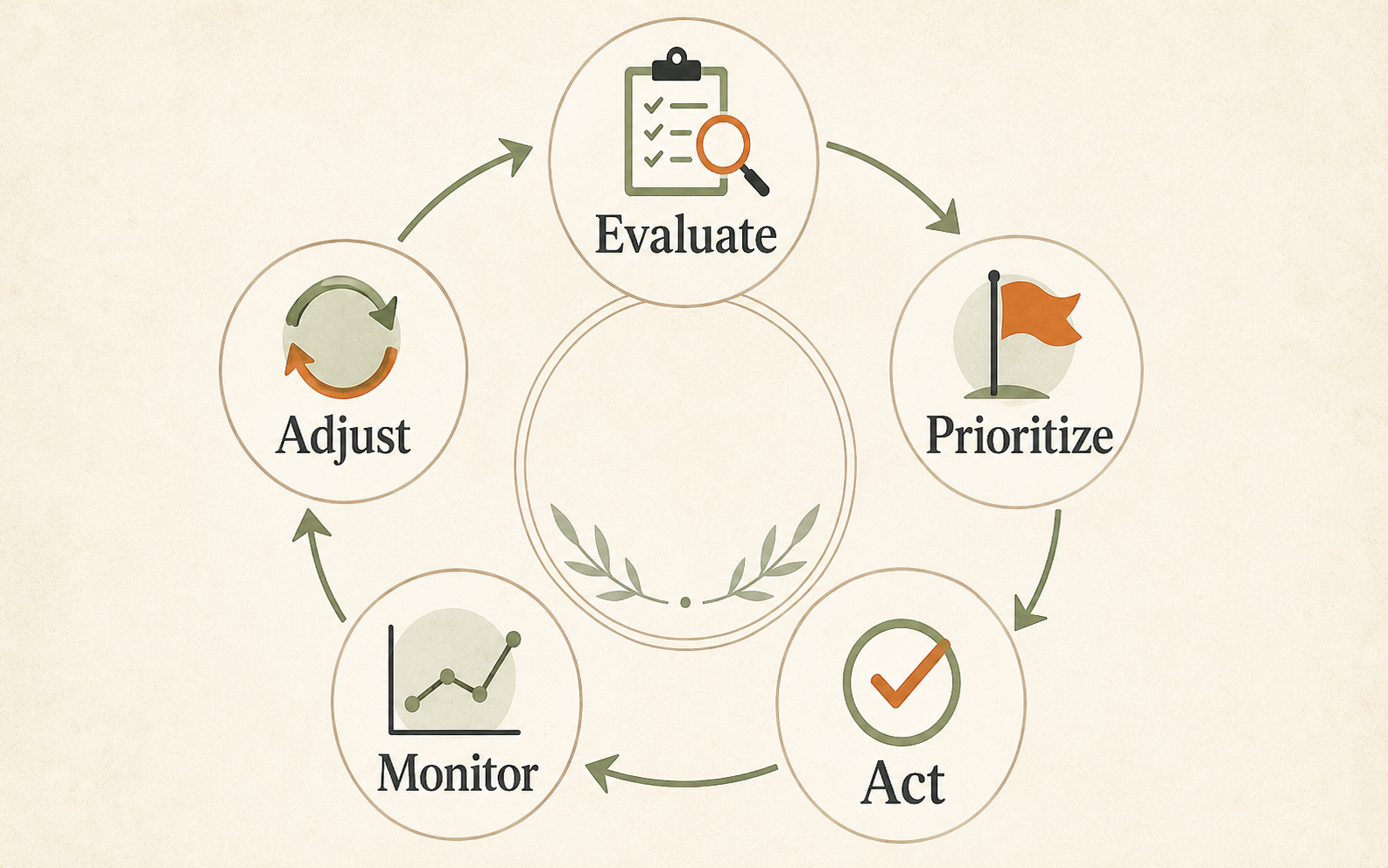 Ongoing preventive care cycle of evaluation, planning, action, monitoring, and adjustment