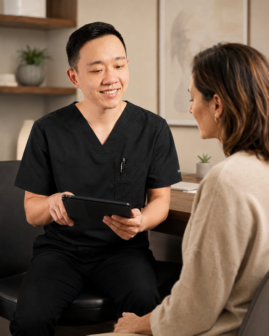 Dr. Hu reviewing medical history with a patient during an Arizona medical marijuana certification evaluation