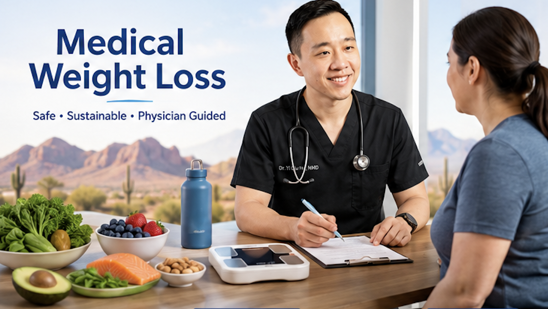 A doctor and a patient having a consultation about medical weight loss, with healthy foods and a digital scale on the table.
