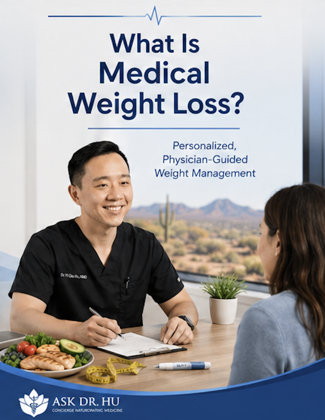 Physician discussing medical weight loss with patient using nutrition lifestyle counseling and personalized treatment