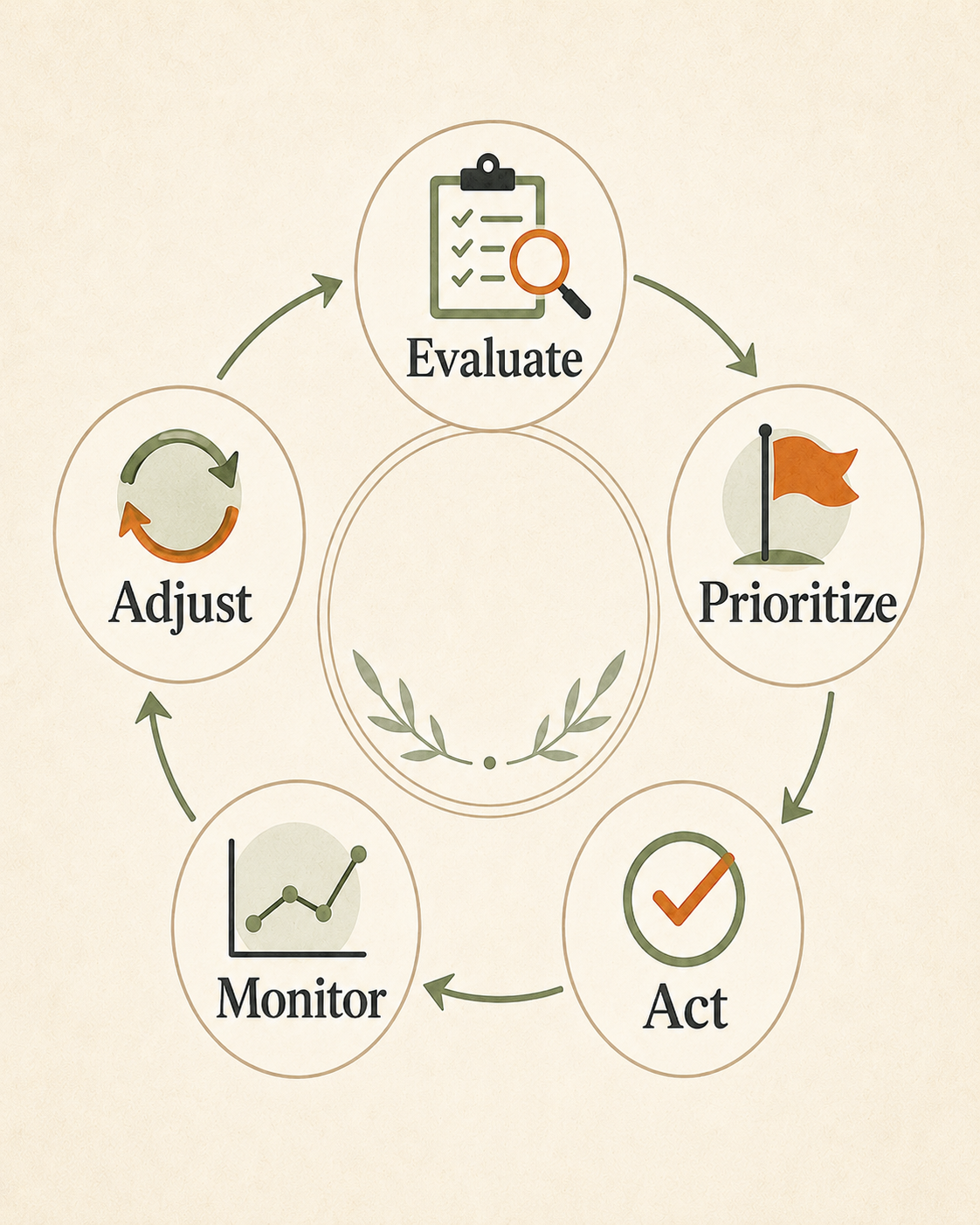 Ongoing preventive care cycle of evaluation, planning, action, monitoring, and adjustment