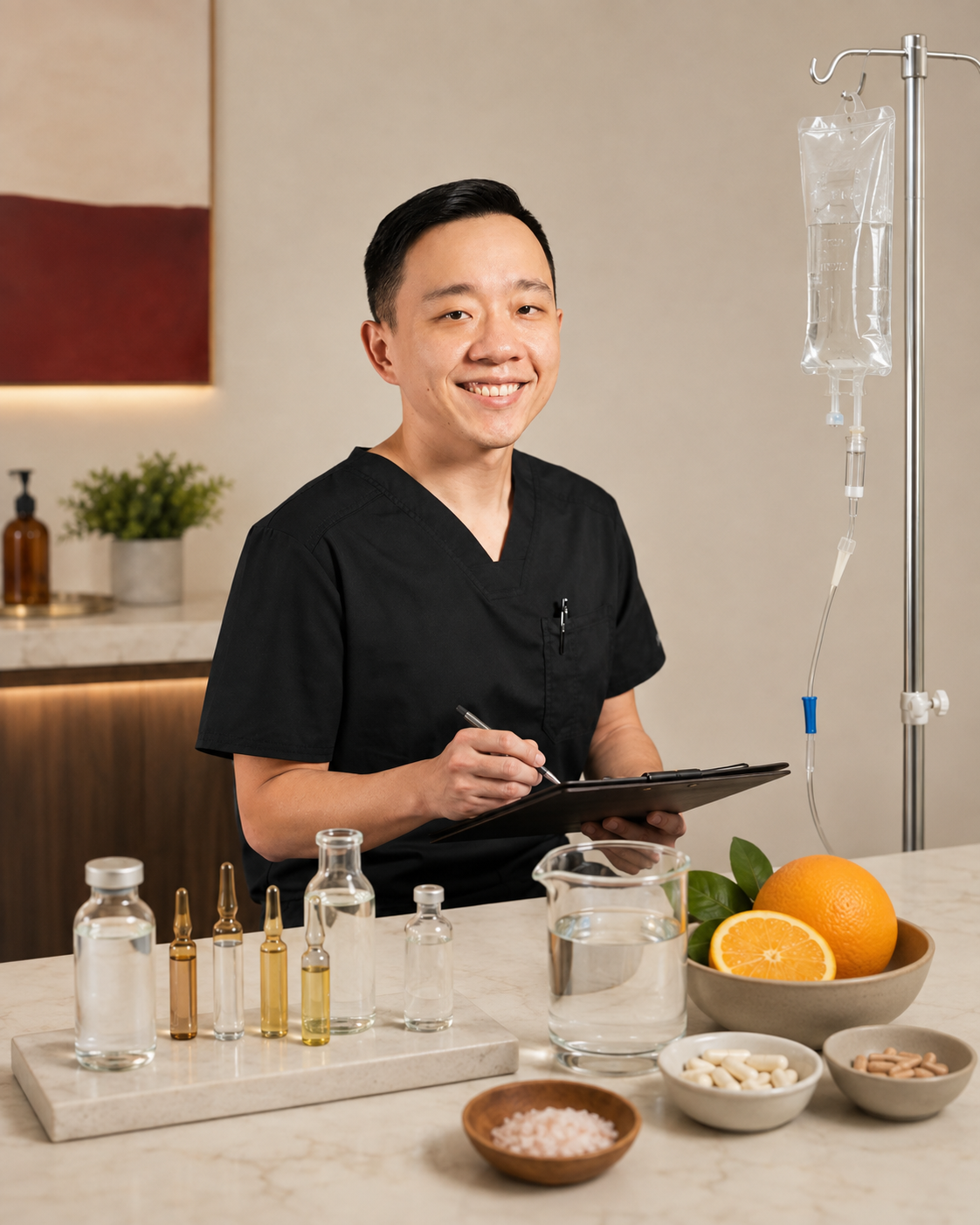 Young male healthcare professional in black scrubs smiling at the camera, holding a clipboard and pen, seated at a medical or laboratory table with various bottles of liquids, pills, a bowl of salt, and fresh fruits including oranges, with intravenous equipment nearby.
