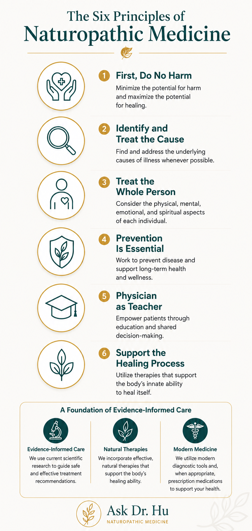 An infographic listing the six principles of naturopathic medicine, including Do No Harm, Identify and Treat the Cause, Treat the Whole Person, Prevention is Essential, Physician as Teacher, and Support the Healing Process. It also mentions foundation principles like Evidence-Informed Care, Natural Therapies, and Modern Medicine, and encourages consulting Dr. Hu for naturopathic medicine.