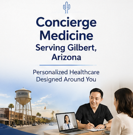 Poster advertising concierge medicine services in Gilbert, Arizona, featuring a healthcare provider on a video call and a water tower in a suburban setting.
