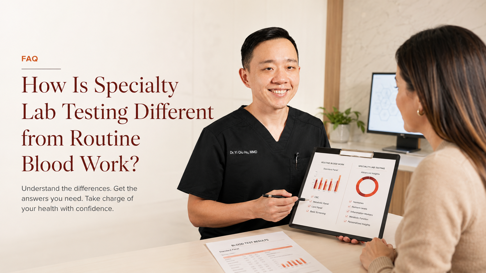 A healthcare professional in black scrubs holding a clipboard with blood test data, talking to a woman in a beige sweater at a table with blood test results, in a medical office. The screen shows bar and pie charts comparing routine blood work and specialty lab testing.