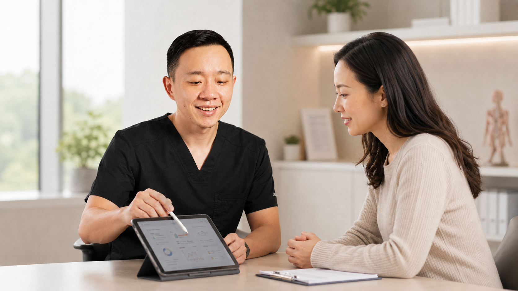 Dr. YiQiu Hu discussing personalized hormone replacement therapy with a patient in Arizona