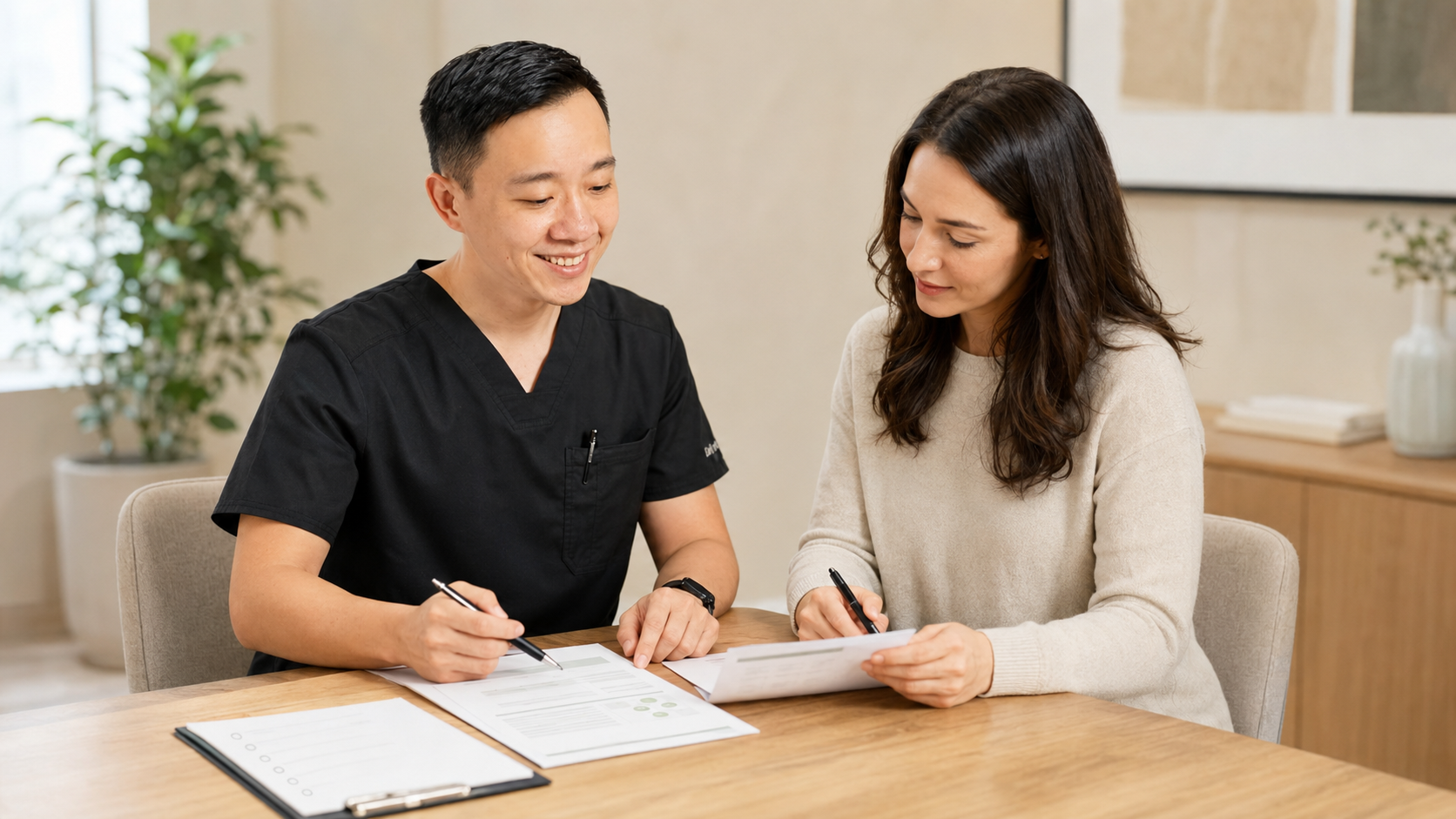 Patient reviewing concierge membership benefits and health insurance coverage before enrolling