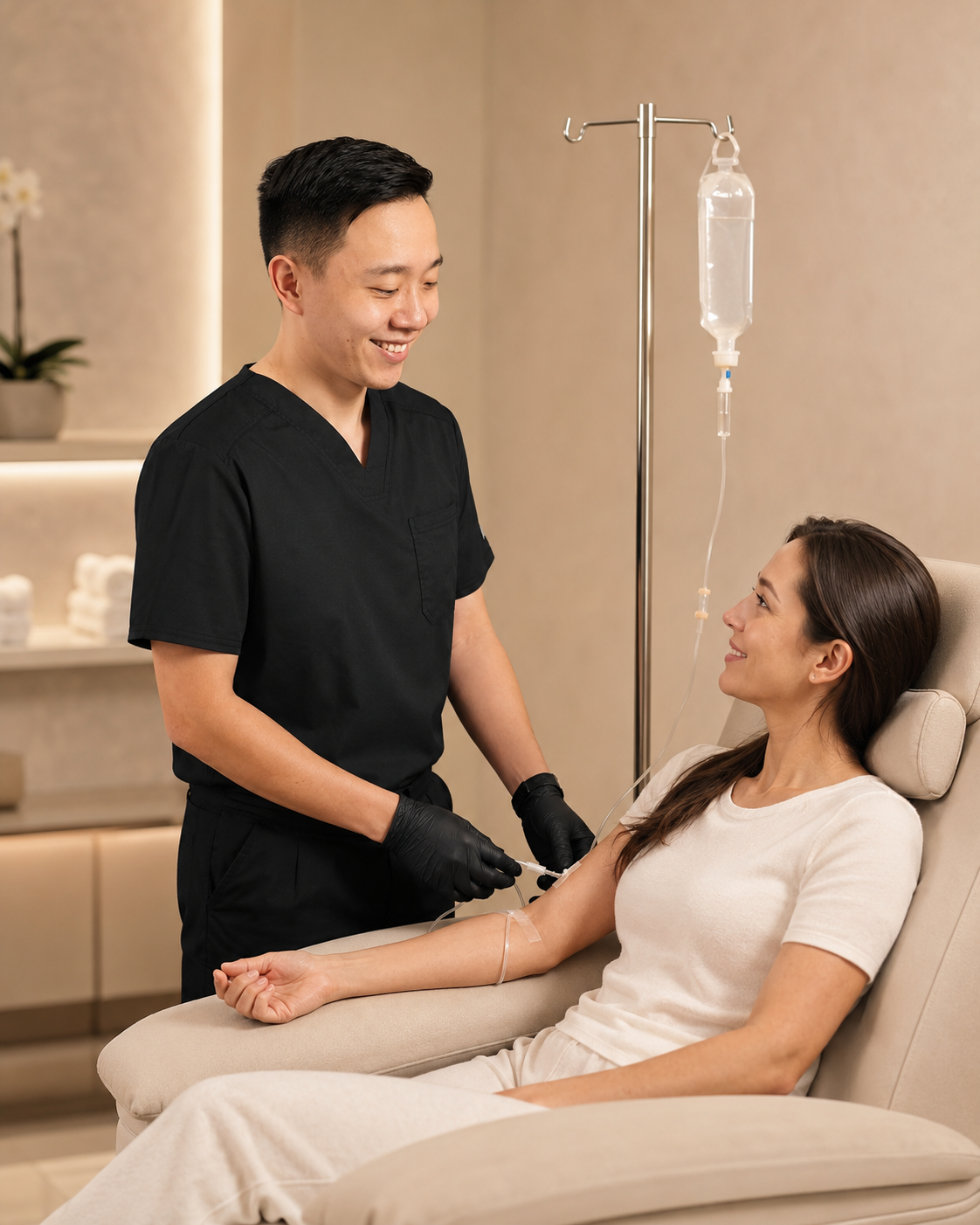A nurse or medical professional with black gloves and black scrubs drawing blood from a smiling woman seated in a medical chair, with an IV drip hanging beside her.