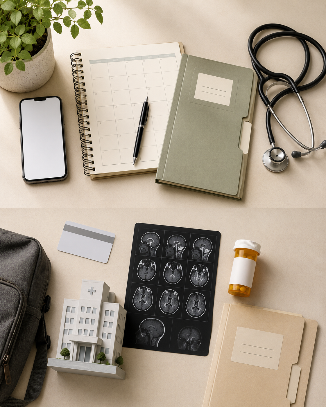 Medical and healthcare items, including a stethoscope, notebooks, a pen, a smartphone, a potted plant, MRI brain scan images, a medication bottle, a hospital model, and a credit card on a beige background.