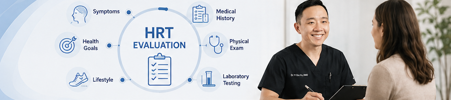 Hormone replacement therapy evaluation process including symptoms medical history laboratory testing and health goals
