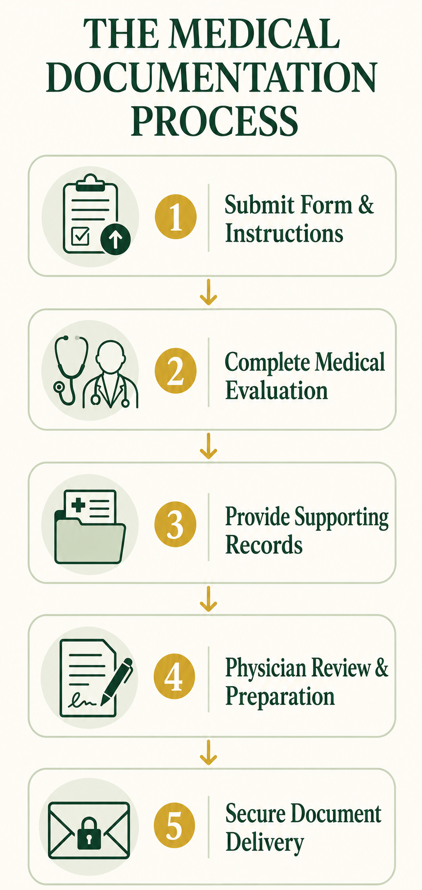 Steps in the medical documentation process from evaluation to secure document delivery