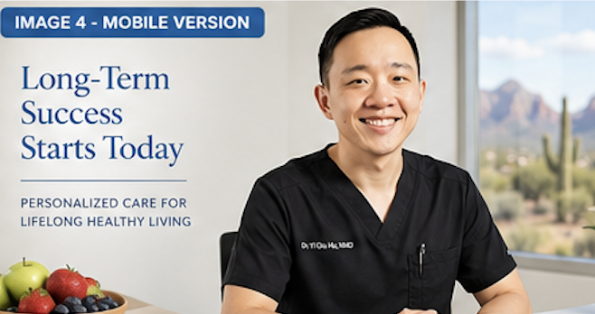 A smiling professional man in black medical scrubs sitting at a desk with a bowl of apples and berries, in an office with a large window showing a desert landscape with mountains and cacti, and a blue banner with white text that reads, 'Long-Term Success Starts Today' and 'Personalized Care for Lifelong Healthy Living'.